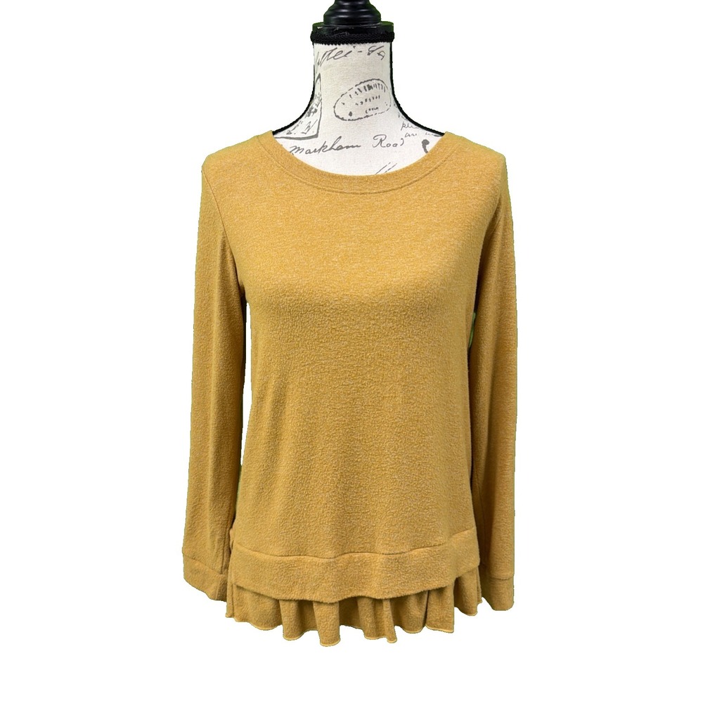 Nally & Millie Sweater MED Gold Yellow Ruffle Hem Long‎ Sl Stretch Soft